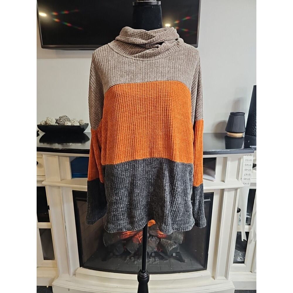 Ces Femme Shirt Womens Large Waffle Knit Cowl Neck Over Sized Color Block